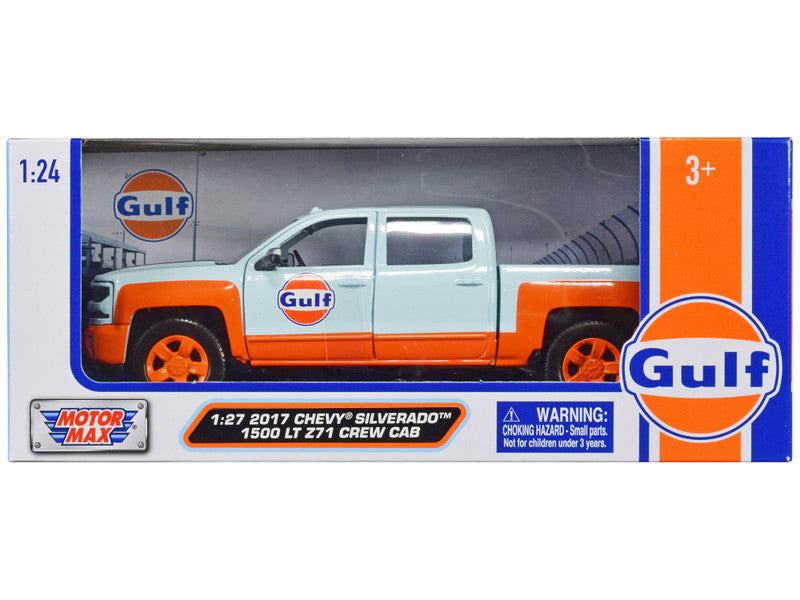 2017 Chevrolet Silverado 1500 LT Z71 Crew Cab Pickup Truck Light Blue with Orange Stripes "Gulf Oil" "Gulf Die-Cast Collection" 1/27 Diecast Model Car