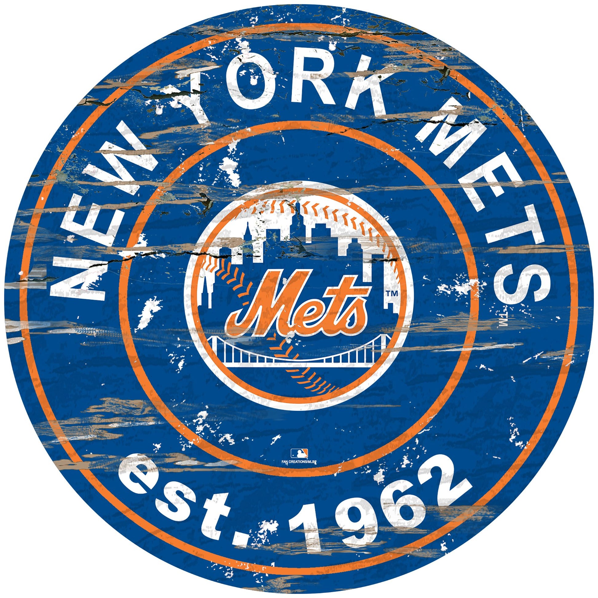 New York Mets distressed round sign, 24" diameter. Features team graphics & established date. Indoor use only. Officially licensed