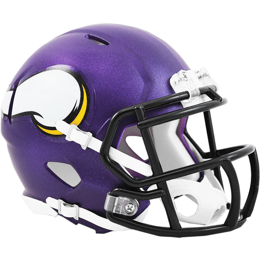 Half-scale Minnesota Vikings Speed mini helmet by Riddell with metal faceguard, chinstrap, and authentic team graphics