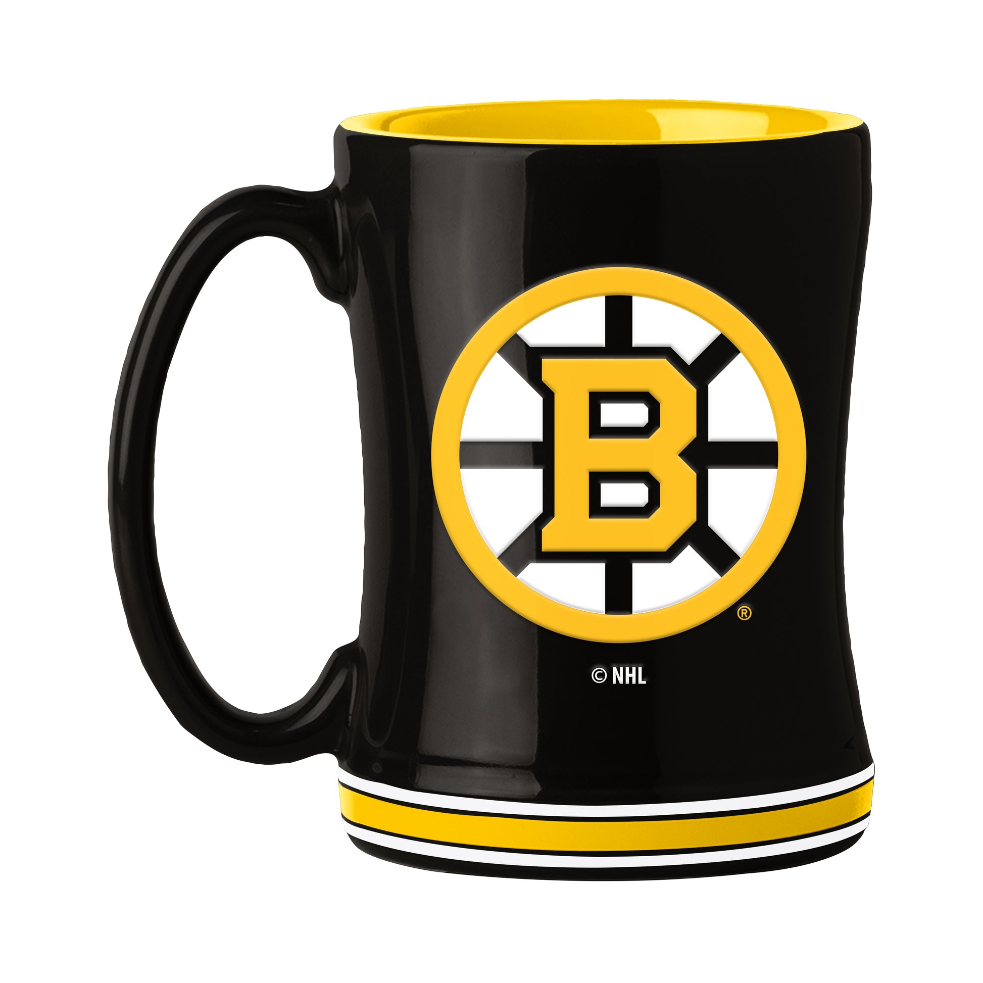 Boston Bruins 14oz ceramic mug with 3D logo and team name on handle by Logo Brands.