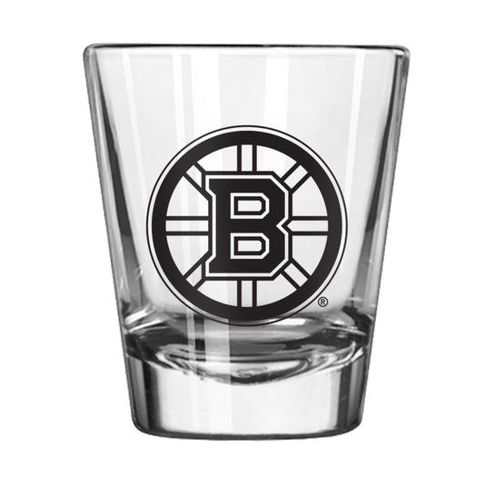 Boston Bruins 2oz classic shot glass with bold team graphics, weighted base, and chip-resistant rim by Logo Brands.