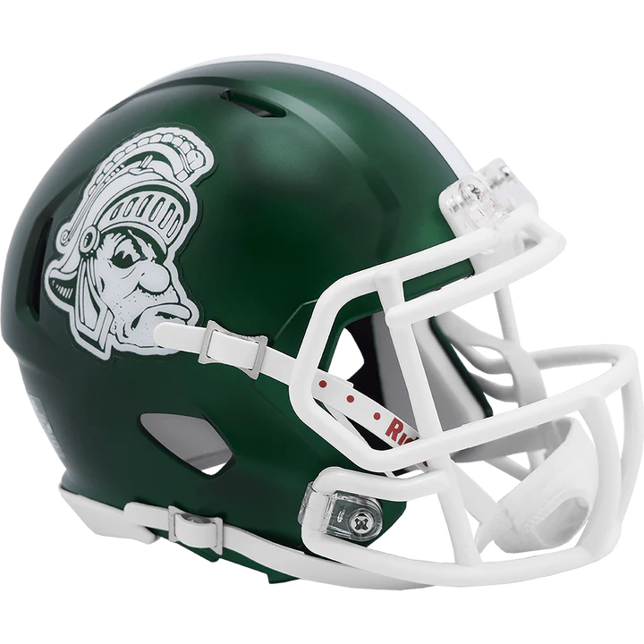 Michigan State Spartans Gruff Sparty Riddell Mini Speed Helmet with chinstrap, faceguard, and foam padding.