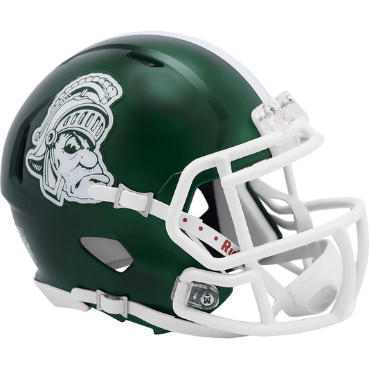 Michigan State Spartans Gruff Sparty Riddell Mini Speed Helmet with chinstrap, faceguard, and foam padding.