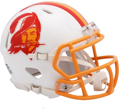 Tampa Bay Buccaneers Throwback Speed Mini Helmet 1976-1999 by Riddell with chinstrap and faceguard, ideal for fans.
