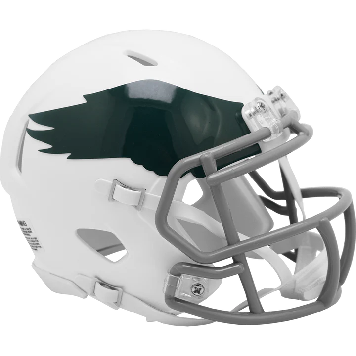 Philadelphia Eagles 1969–1973 throwback Speed mini helmet with retro decals and metal faceguard.