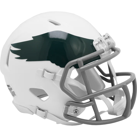 Philadelphia Eagles 1969–1973 throwback Speed mini helmet with retro decals and metal faceguard.