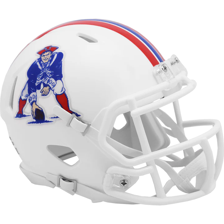 New England Patriots 1982–1989 throwback Speed mini helmet with metal faceguard and classic team styling