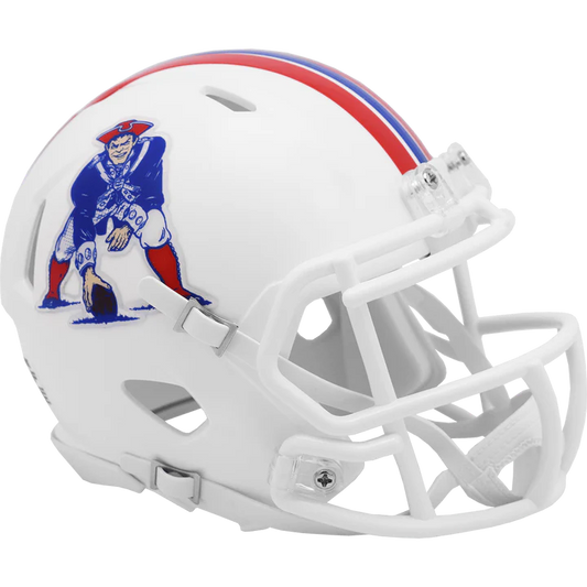 New England Patriots 1982–1989 throwback Speed mini helmet with metal faceguard and classic team styling