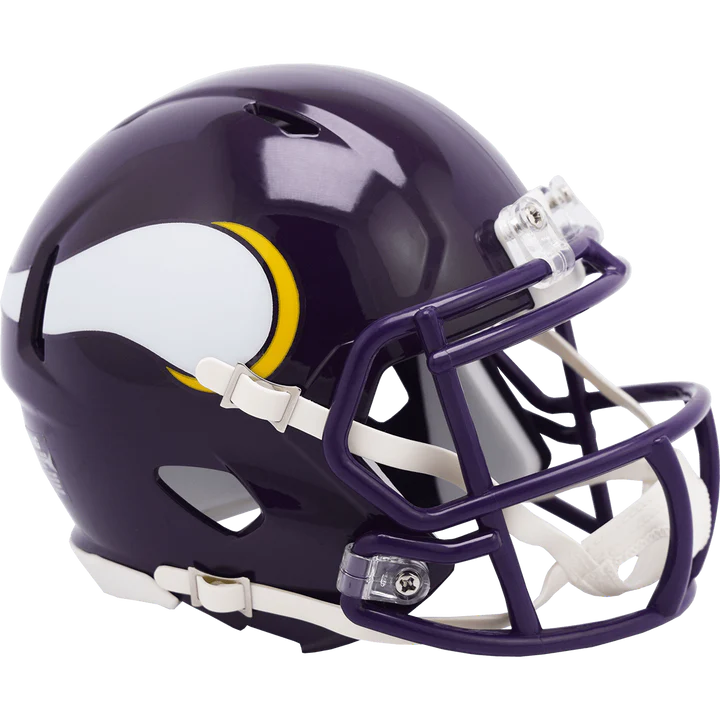Minnesota Vikings 1983-2001 Throwback Speed Mini Helmet, 5" tall, chinstrap, metal faceguard, officially licensed.