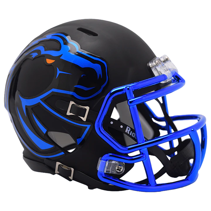 Boise State Broncos NCAA Riddell Mini Speed Helmet replica with chinstrap, faceguard, and foam padding.