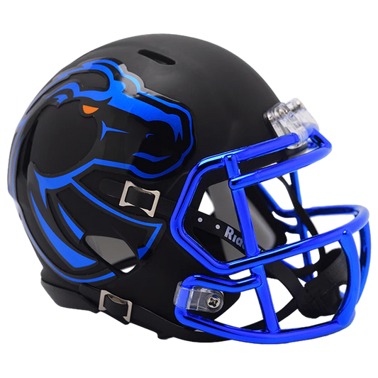 Boise State Broncos NCAA Riddell Mini Speed Helmet replica with chinstrap, faceguard, and foam padding.