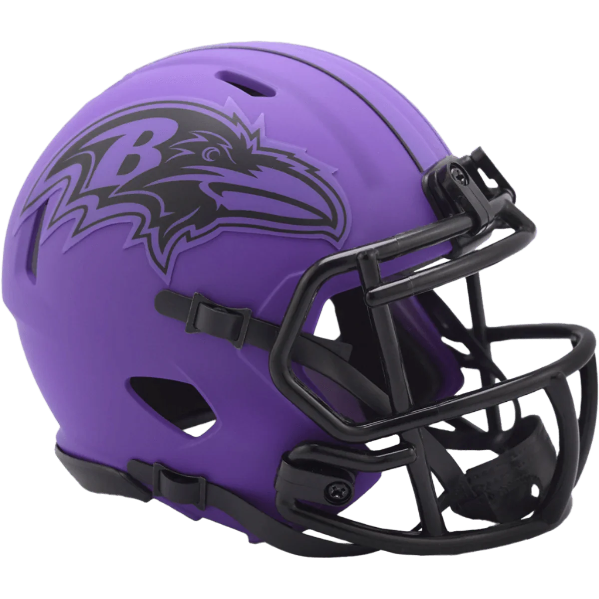 Baltimore Ravens Rave Speed Mini Helmet with chinstrap, padding, and metal faceguard by Riddell.
