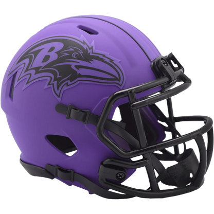 Baltimore Ravens Rave Speed Mini Helmet with chinstrap, padding, and metal faceguard by Riddell.