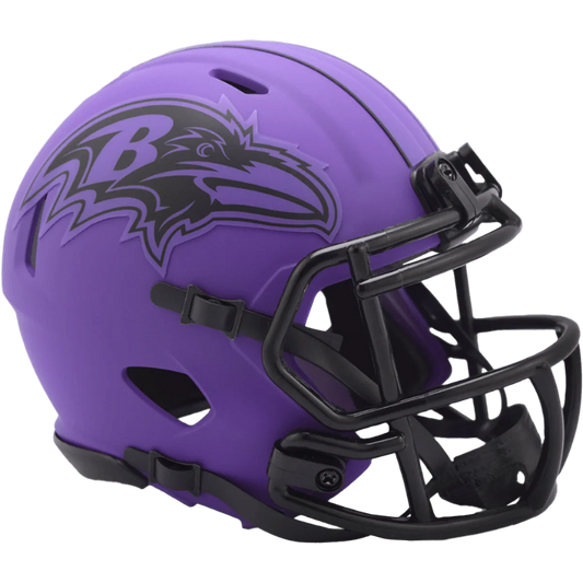 Baltimore Ravens Rave Speed Mini Helmet with chinstrap, padding, and metal faceguard by Riddell.