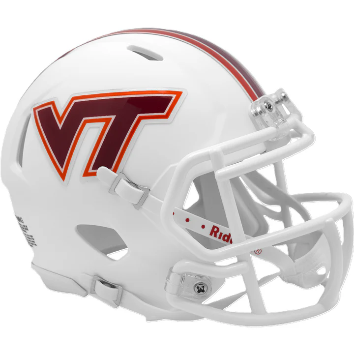 Virginia Tech Hokies Riddell Mini Speed Helmet with chinstrap, foam padding, metal faceguard, and team decals.