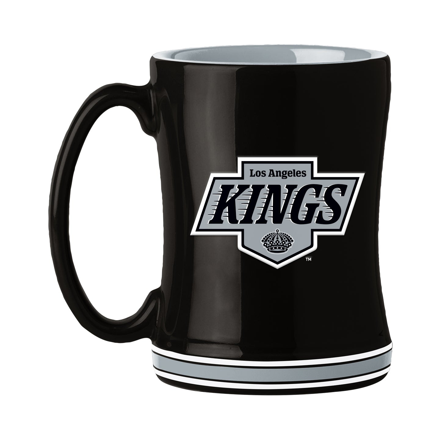 Los Angeles Kings 14 oz NHL ceramic coffee mug with 3D logo and team name on handle by Logo Brands.