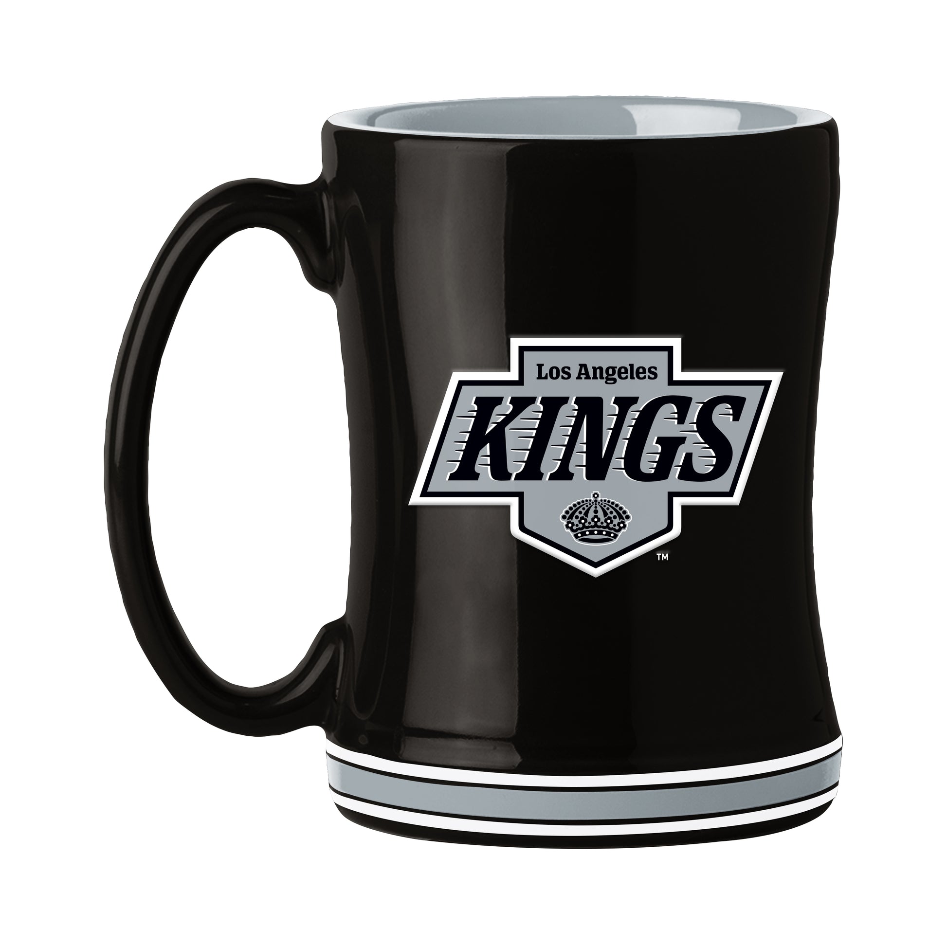Los Angeles Kings 14 oz NHL ceramic coffee mug with 3D logo and team name on handle by Logo Brands.
