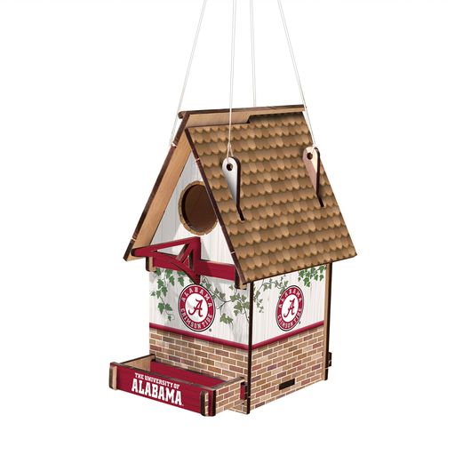 "Alabama Crimson Tide Wood Birdhouse by Fan Creations, featuring team colors and logo, perfect for adding team spirit to your garden."