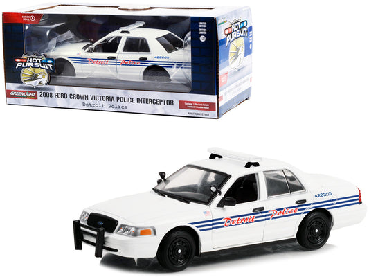2008 Ford Crown Victoria Police Interceptor White with Blue Stripes "Detroit Police" (Michigan) "Hot Pursuit" Series 1/24 Diecast Car by Greenlight