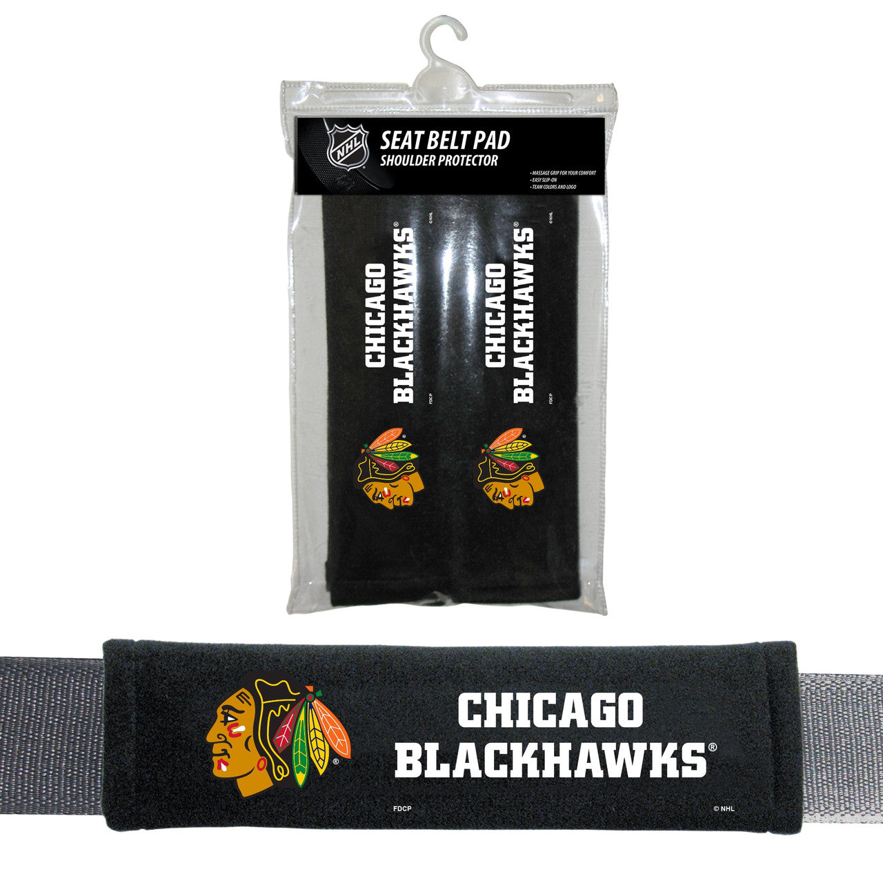 Chicago Blackhawks soft velour seatbelt pad with team logo for comfort and support on any strap.