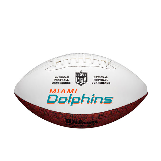 Miami Dolphins full-size autograph football with embroidered logo, white panels, and embossed back, made by Wilson