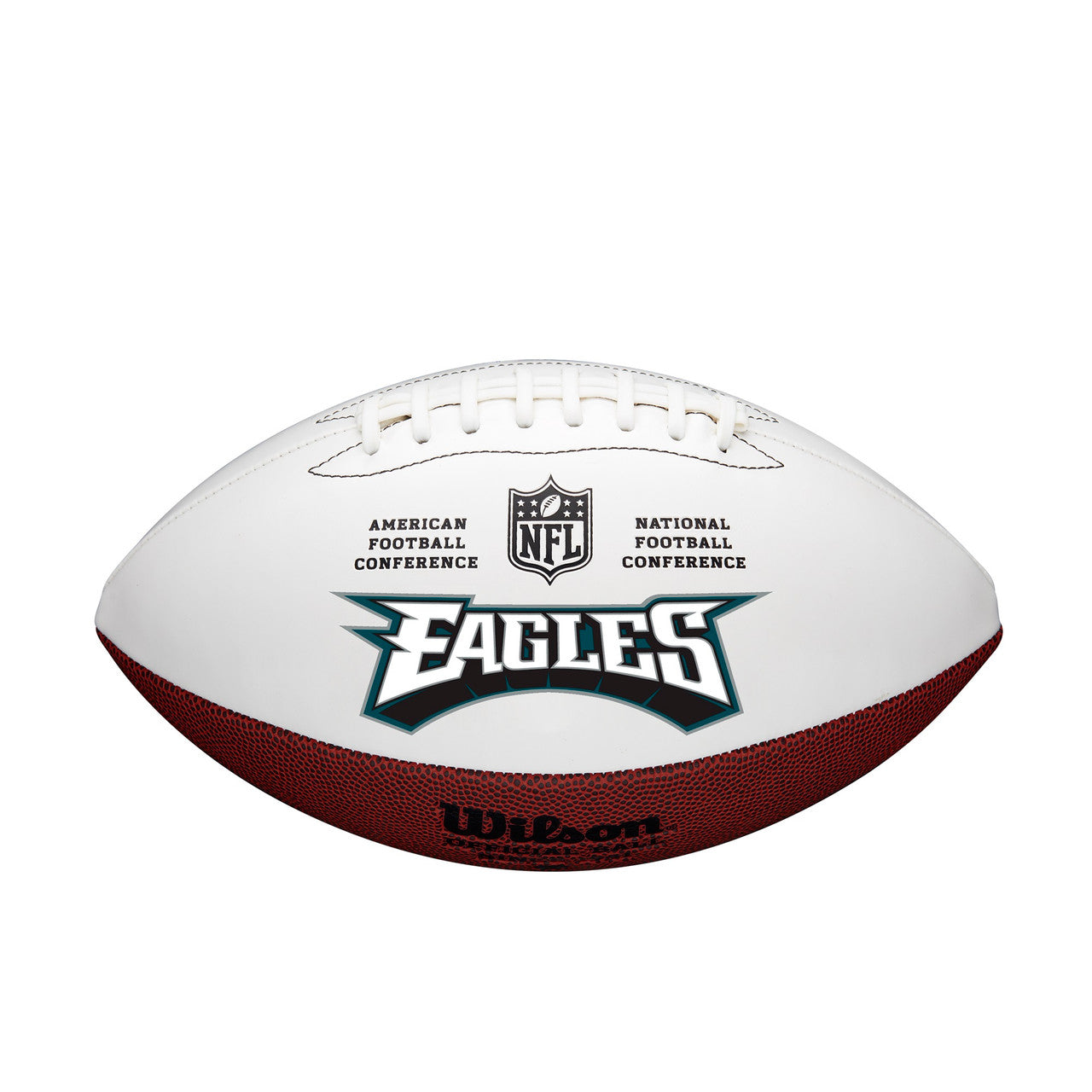 Philadelphia Eagles full-size autographable football with embroidered logo, 3 white panels for autographs, by Wilson.