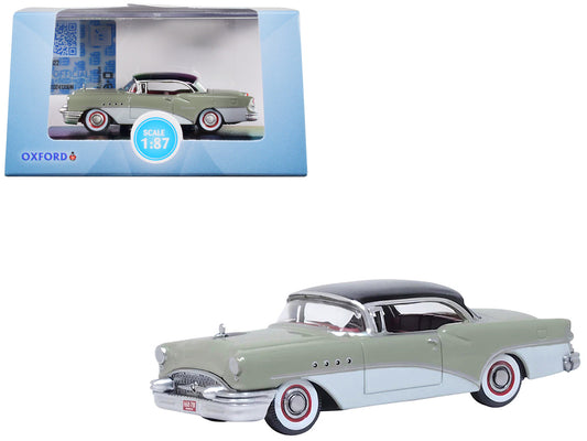 1955 Buick Century Windsor Gray and Dover White with Carlsbad Black Top 1/87 (HO) scale diecast model car by Oxford Diecast, featuring true-to-scale detail, detailed interior and exterior, in a plastic display case.