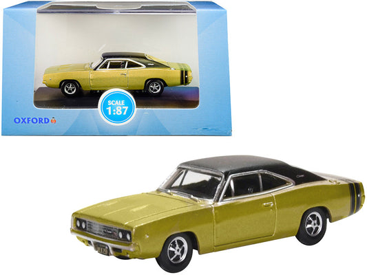 1968 Dodge Charger Gold with Black Top and Black Stripes 1/87 (HO) Scale Diecast Model Car by Oxford Diecast