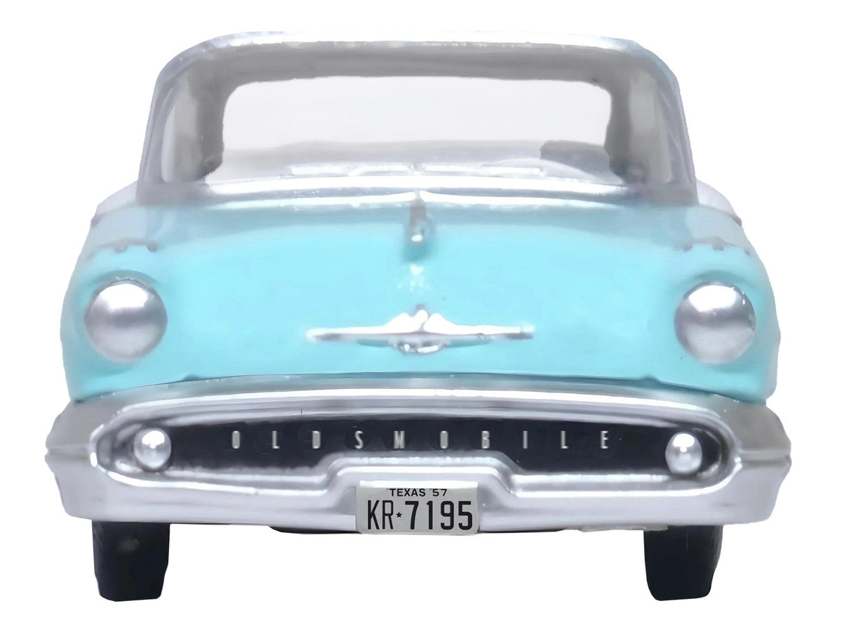 1957 Oldsmobile 88 Convertible (Top-Up) Banff Blue and Alcan White with White 1/87 (HO) Scale Diecast Model Car by Oxford Diecast