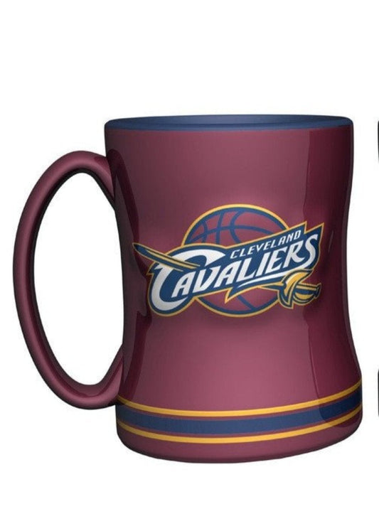 Cleveland Cavaliers NBA coffee mug, 14 oz, ceramic, featuring team colors, 3D logo, and team name on handle. Microwave safe.