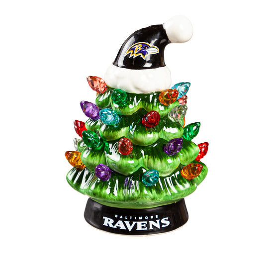 Baltimore Ravens ceramic LED Christmas Tree with team graphics, Santa hat, and lights, 4 inches tall, made by Evergreen.