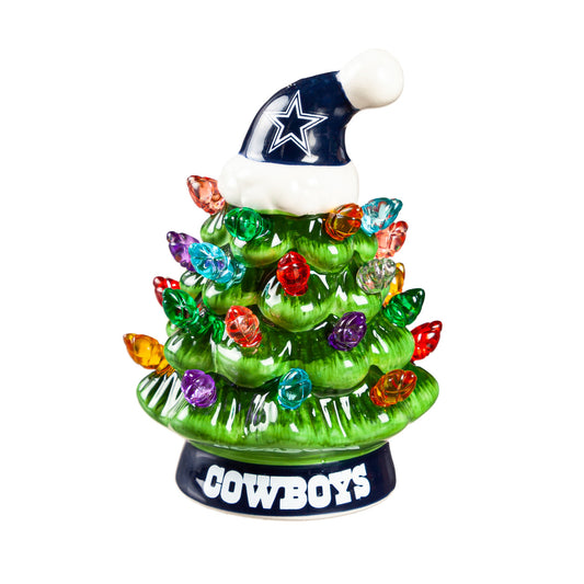 Dallas Cowboys 4-inch LED Tabletop Christmas Tree with team graphics, Santa hat, and lights, by Evergreen.