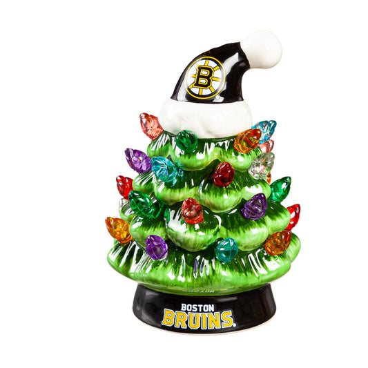 Boston Bruins LED Tabletop Christmas Tree with team graphics, Santa hat, and LED lights, 4 inches tall, by Evergreen.