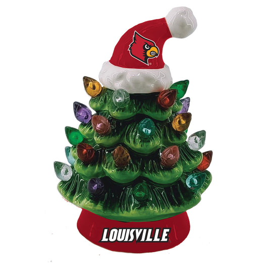 Louisville Cardinals LED Tabletop Christmas Tree with team graphics, Santa hat, and lights, 4 inches tall, by Evergreen.