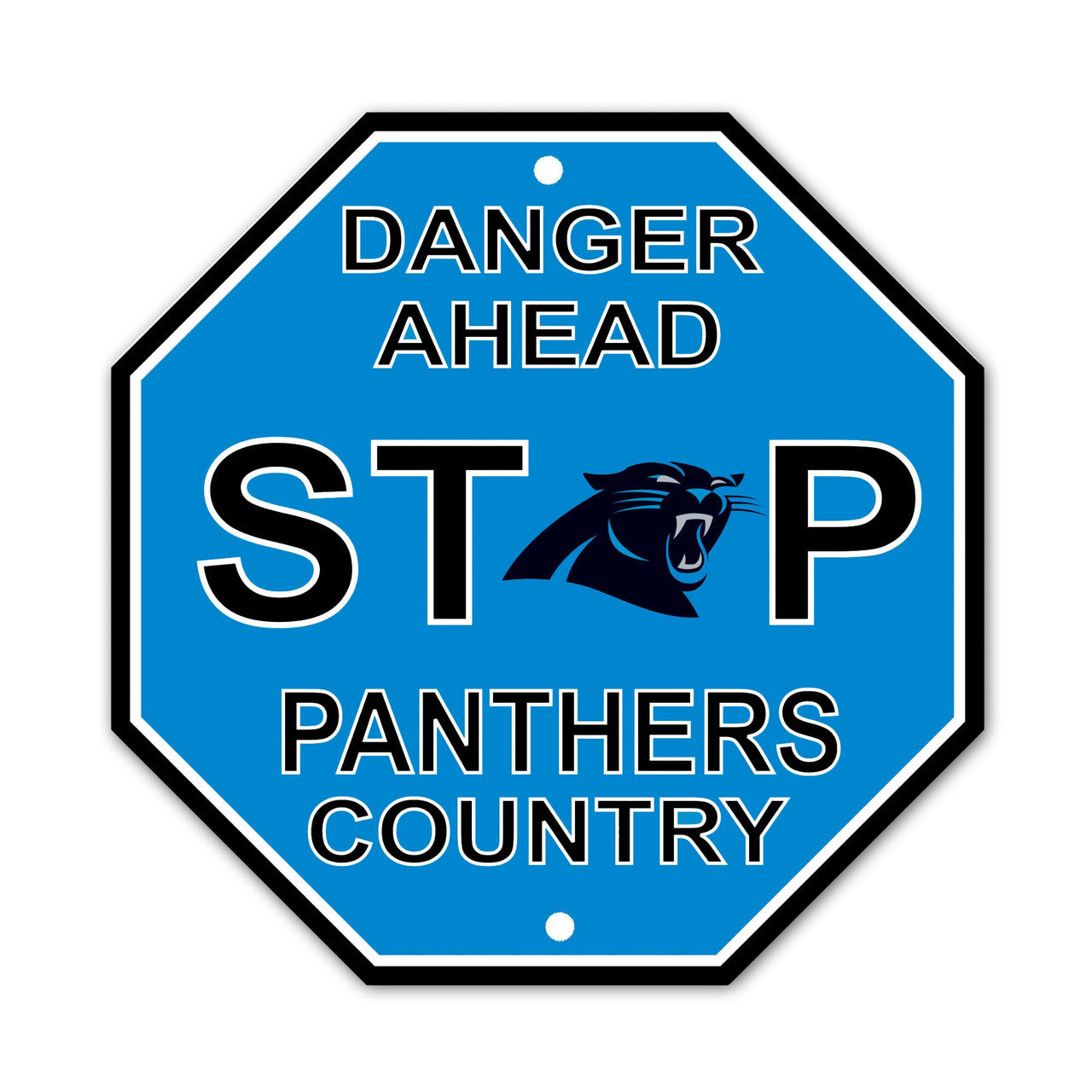 Carolina Panthers 12" x 12" stop sign featuring team colors and graphics, made of durable plastic, officially licensed by the NFL.