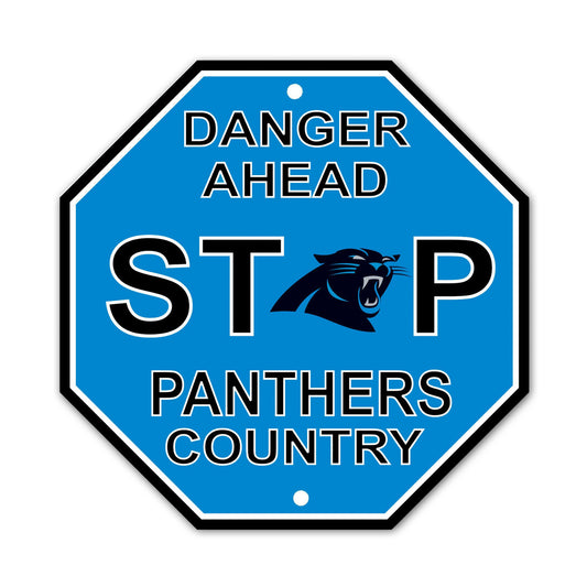 Carolina Panthers 12" x 12" stop sign featuring team colors and graphics, made of durable plastic, officially licensed by the NFL.