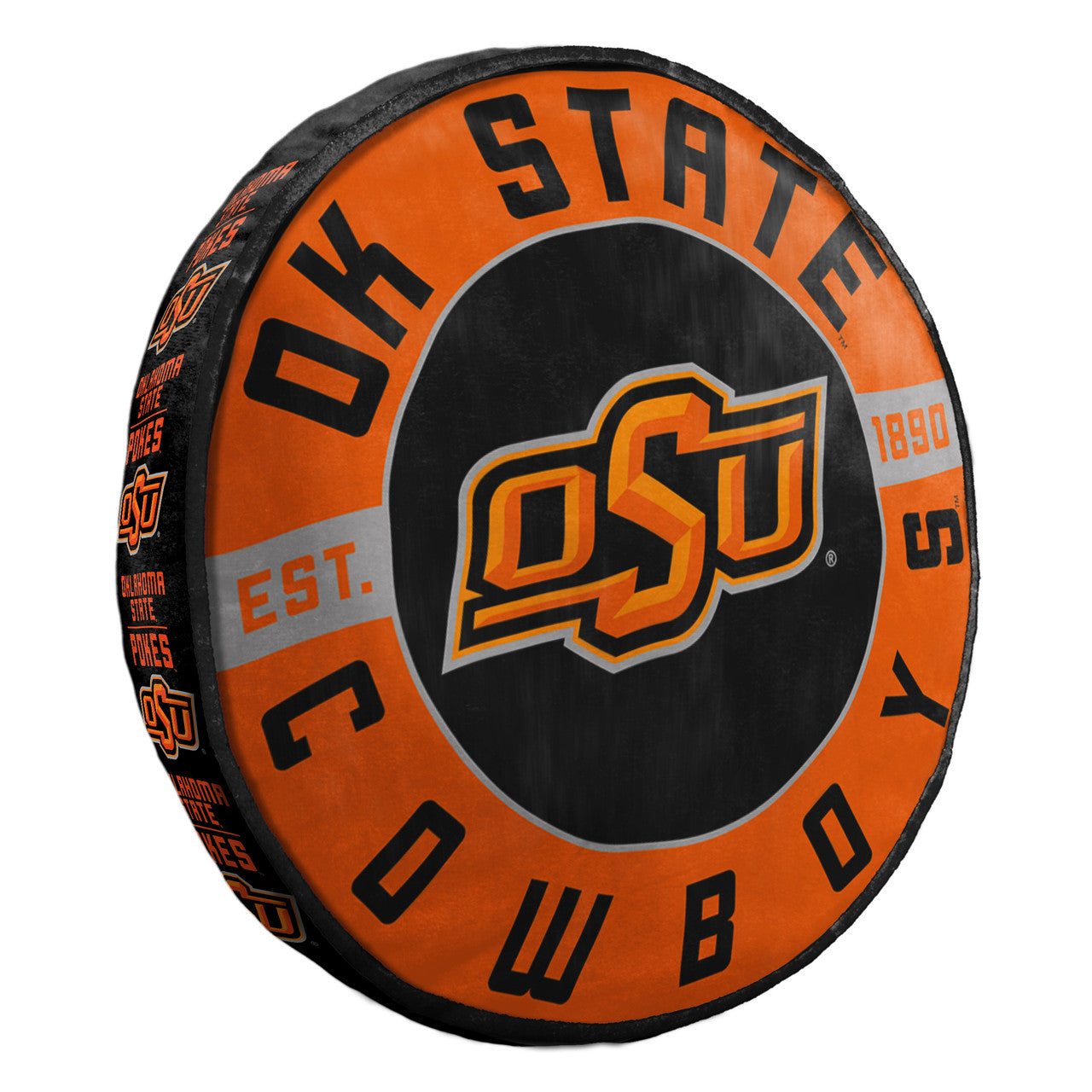 Comfortable Cloud Pillow displaying the Oklahoma State Cowboys logo, measuring 15 inches round, designed for ultimate team pride.