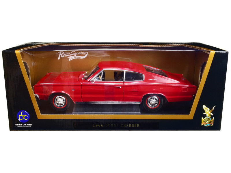 Road Signature 1966 Dodge Charger Red 1/18 Diecast Model Car with detailed interior, steerable wheels, and real rubber tires.