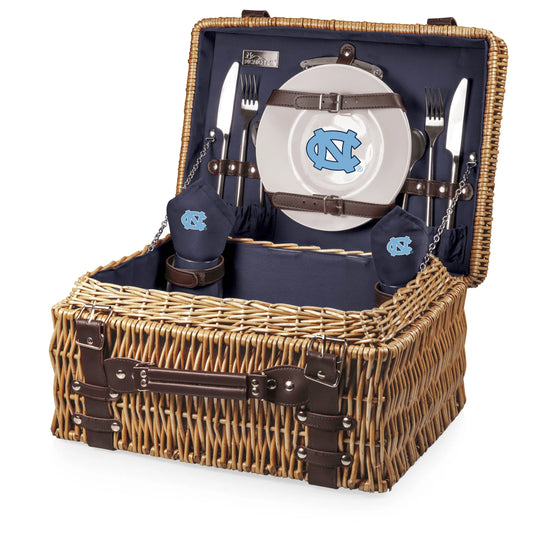 North Carolina Tar Heels NCAA Champion Picnic Basket: Handwoven from willow, includes plates, wine glasses, utensils. Officially licensed.