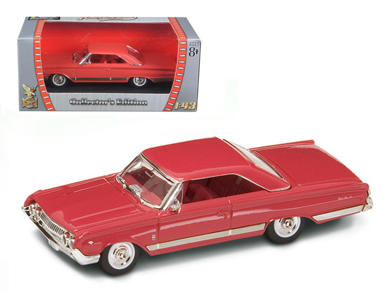 1964 Mercury Marauder diecast model car in red and cinnamon, 1/43 scale, with detailed interior and exterior, and plastic display stand.