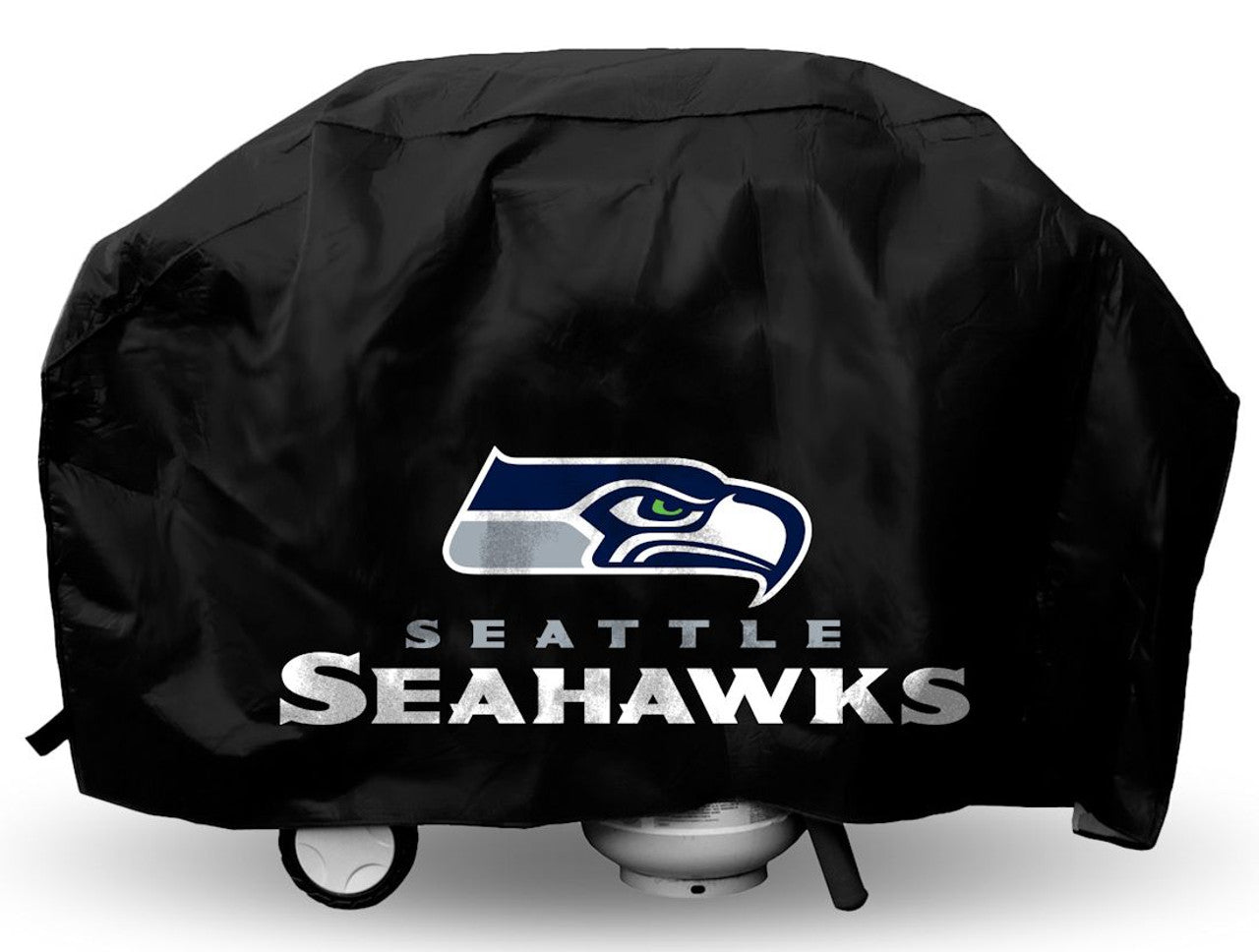 Seattle Seahawks Deluxe Vinyl Grill Cover with straps, felt lining, and bold team logo. Fits most standard grills.