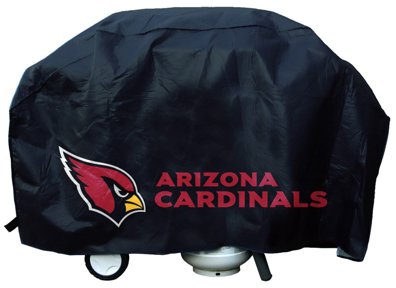 Arizona Cardinals Deluxe Vinyl Grill Cover with secure straps, felt lining, and bold NFL team logo. Fits most grills.