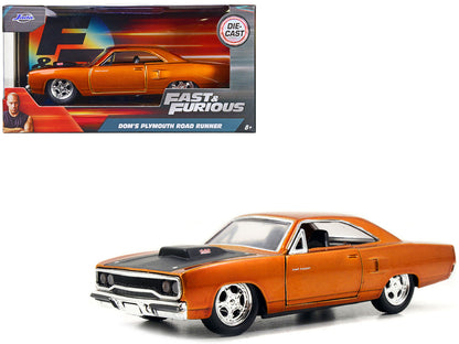 Dom's Plymouth Road Runner diecast model in orange metallic with a matte black hood, 1/32 scale, from Fast & Furious.