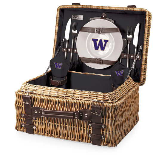 Washington Huskies picnic basket with plates, wine glasses, and cutlery for tailgates or outdoor dining.