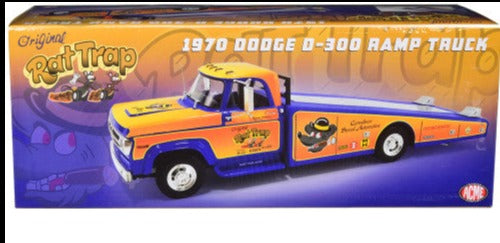 1970 Dodge D-300 Ramp Truck Orange and Blue with Graphics "The Original Rat Trap" Limited Edition to 332 pcs Worldwide 1/18 Diecast Model Car by ACME