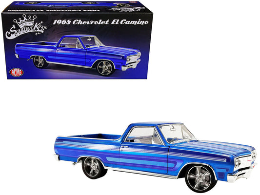 ACME 1965 Chevy El Camino Custom: Laser Blue Metallic w/ Graphics. Limited Ed. 1/18 Diecast Car. Steerable wheels, detailed chassis, opening features. Officially licensed.