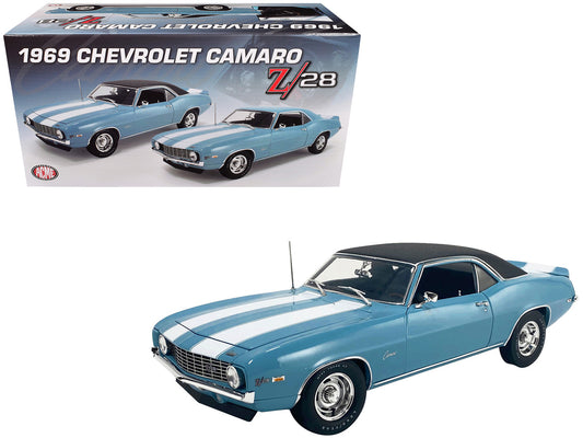 1969 Chevrolet Camaro Z/28 Carolina Blue with White Stripes and Black Vinyl Top Limited Edition to 264 pieces Worldwide 1/18 Diecast Model Car by ACME