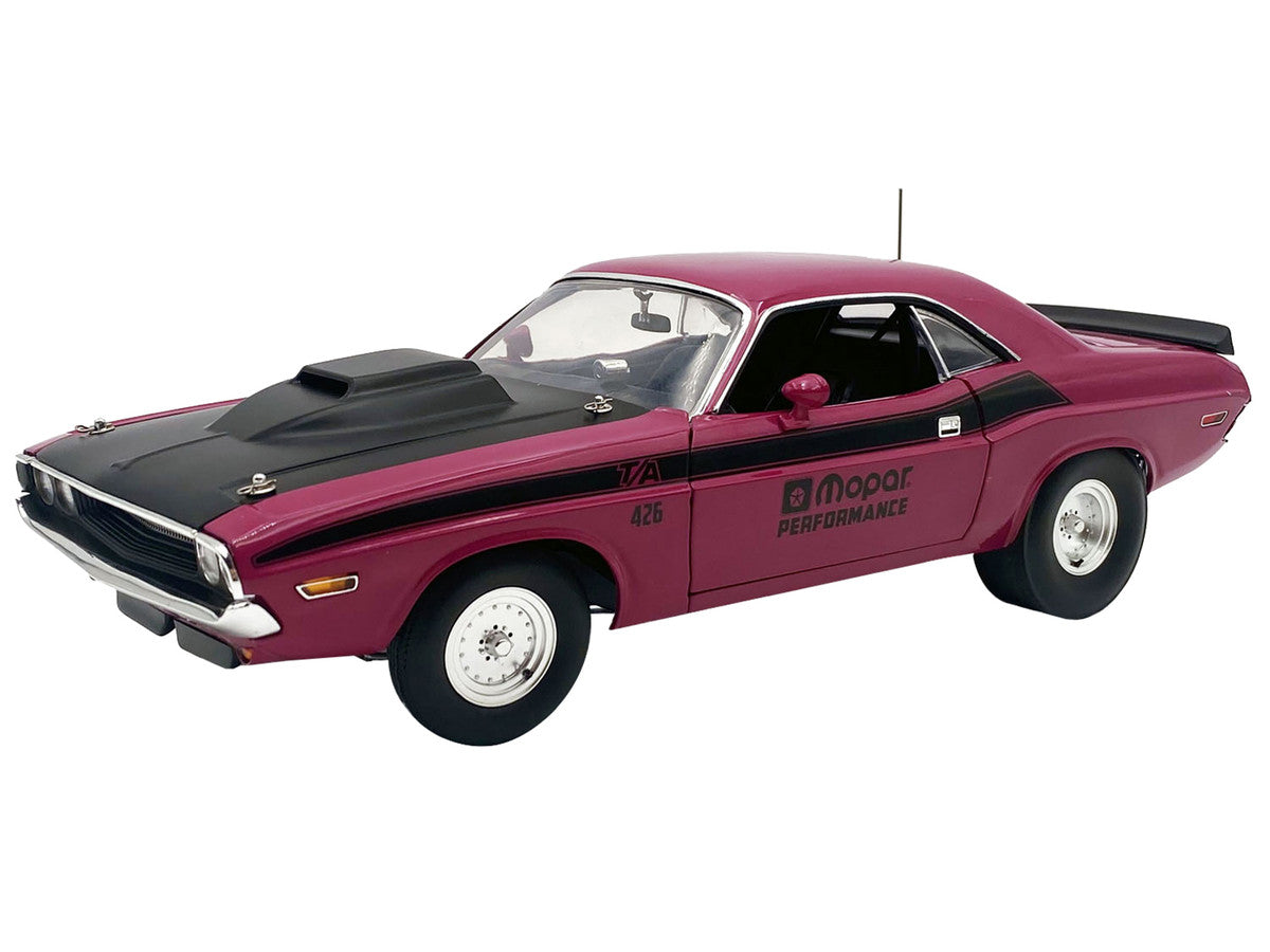 1970 Dodge Challenger T/A Pro Stock "Mopar Performance" Panther Pink with Black Stripes and Black Hood Limited Edition 1/18 Diecast Car by ACME