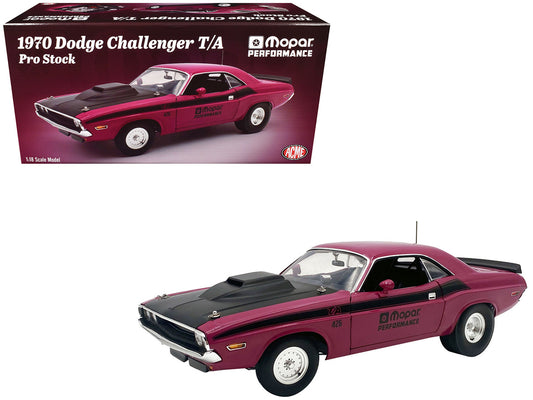 1970 Dodge Challenger T/A Pro Stock "Mopar Performance" Panther Pink with Black Stripes and Black Hood Limited Edition 1/18 Diecast Car by ACME