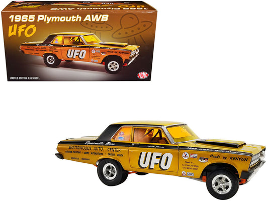 1965 Plymouth AWB (Altered Wheel Base) Gold Metallic with Graphics and Orange-Tinted Windows "UFO" Limited Edition to 636 pieces 1/18 Diecast Car